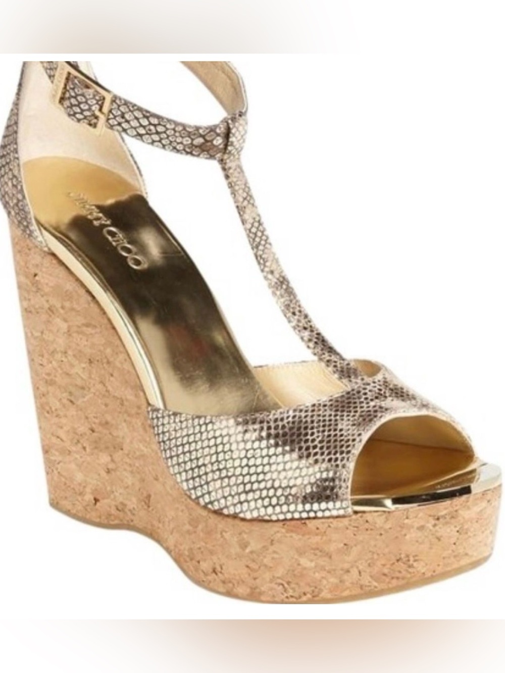 Jimmy Choo Pela cork t-strap Metallic Snakeskin embossed wedges 38.5